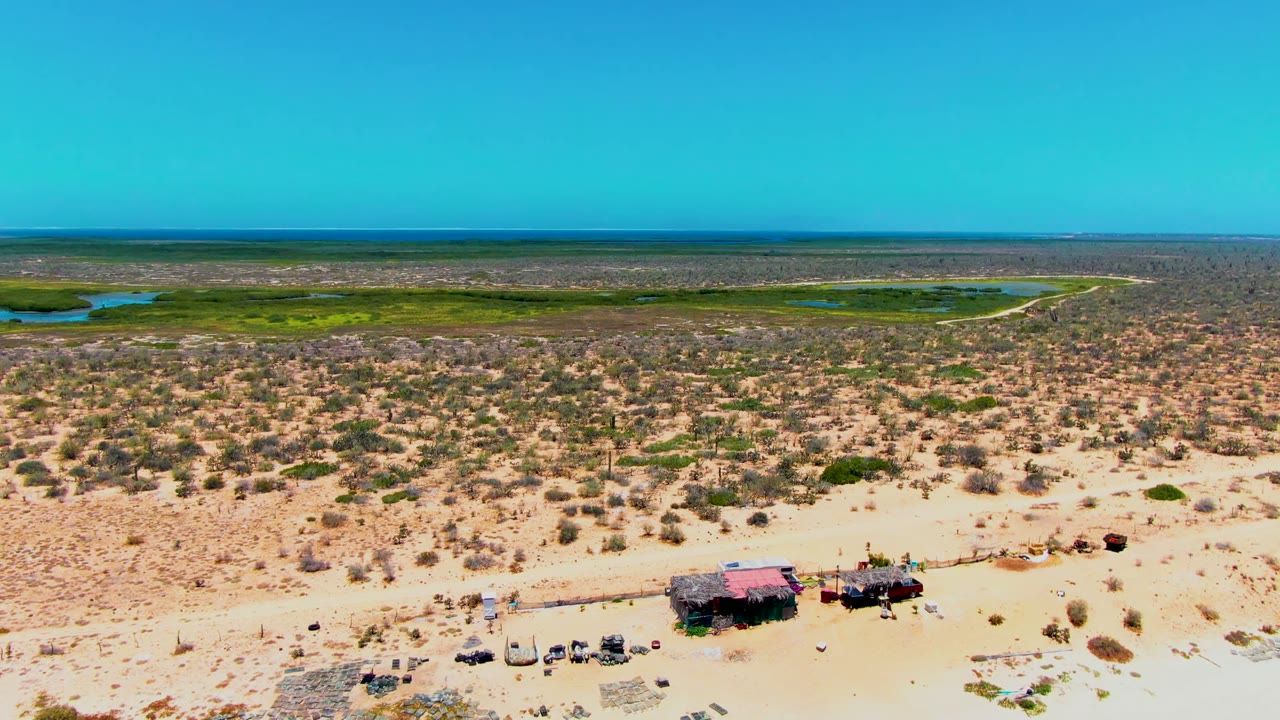 Aerial frame over San Carlos, Baja California Sur, showing sandy scrubland with small vehicles and shelters at the bottom, green wetland pools beyond, and no visible faces.