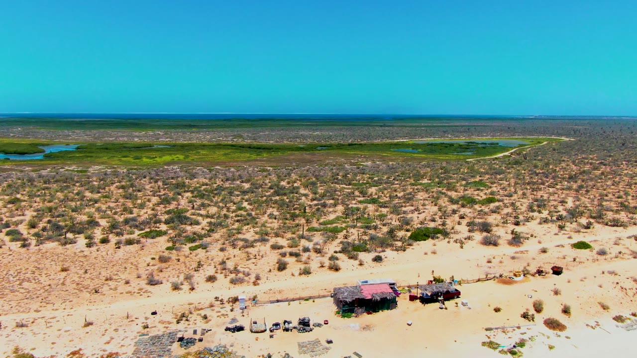 Wide drone view of desert scrub with a sandy track, small vehicles, and wetland water.