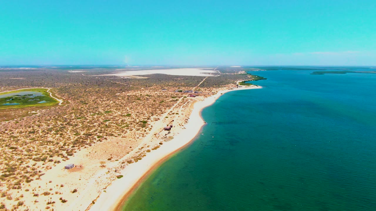 Wide aerial coastline with pale sand, calm blue-green water, sparse desert vegetation, and distant shoreline.