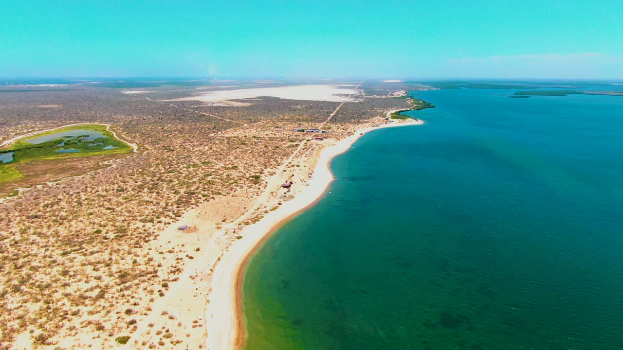 Aerial frame over San Carlos, Baja California Sur showing a curved sandy beach, scrub-covered dry land, blue-green coastal water, distant pale flats, and no visible people.