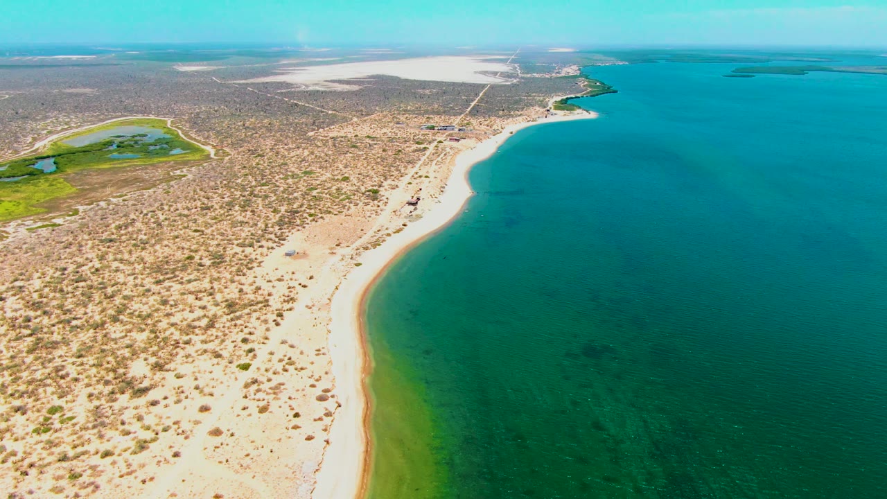 High aerial angle over a pale sandy beach, clear water, scrubland, and a road inland.