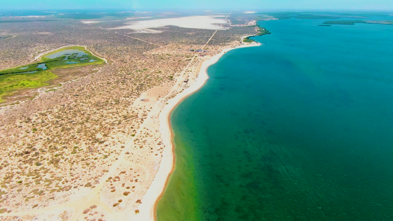 Aerial coastline with pale sand, desert scrub, green inland area, and clear ocean.