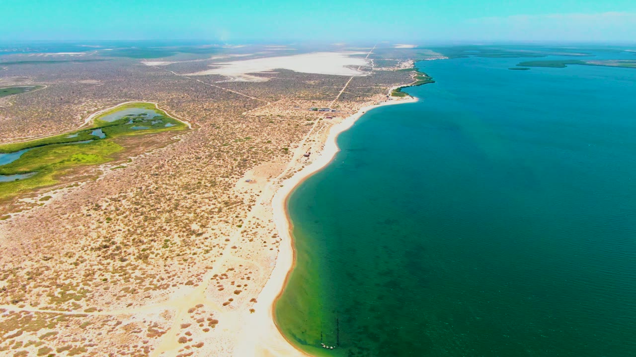 High aerial frame over San Carlos, Baja California Sur showing a curved sandy shoreline, calm blue-green water, dry scrubland, and no visible people.