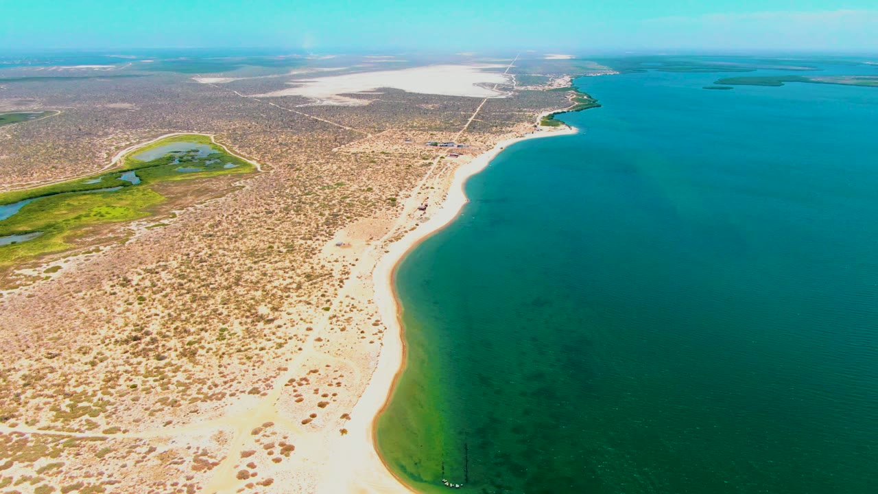 Drone view of curving beach, scrubland, and calm sea