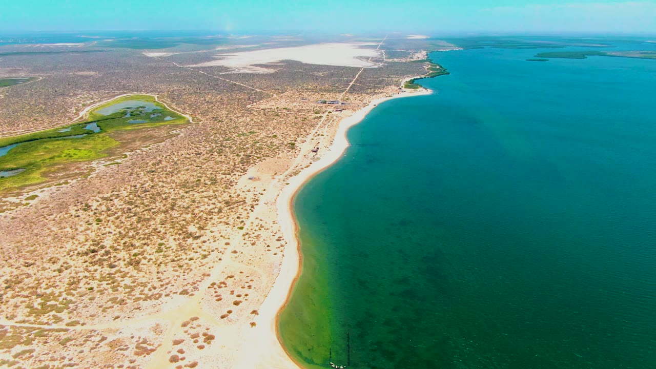 Wide drone frame over San Carlos coastline showing pale sand, scattered desert brush, a green inland water patch, open blue sea, and no visible people.
