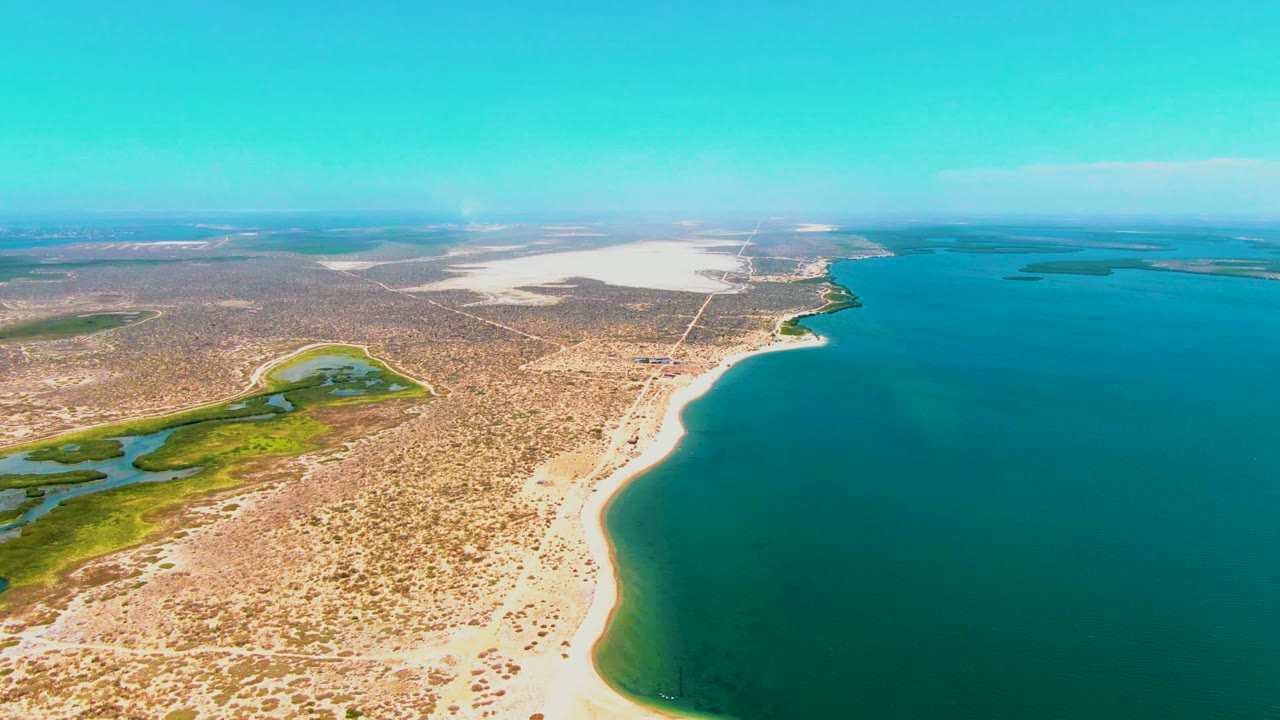 Aerial view over San Carlos, Baja California Sur, with a pale sandy beach curving beside blue-green water, scrubby desert inland, green shallow wetlands, and no visible people.