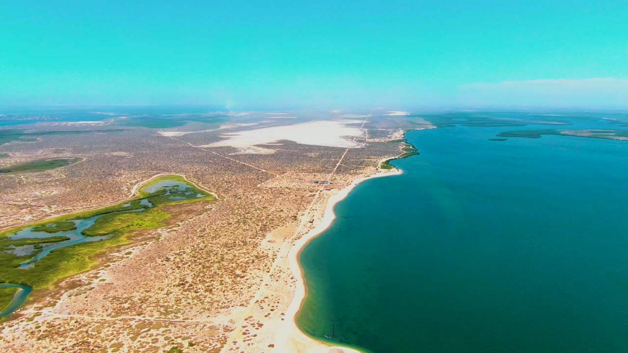 High aerial coastline with calm blue water, sandy beach, sparse vegetation, and wetlands.
