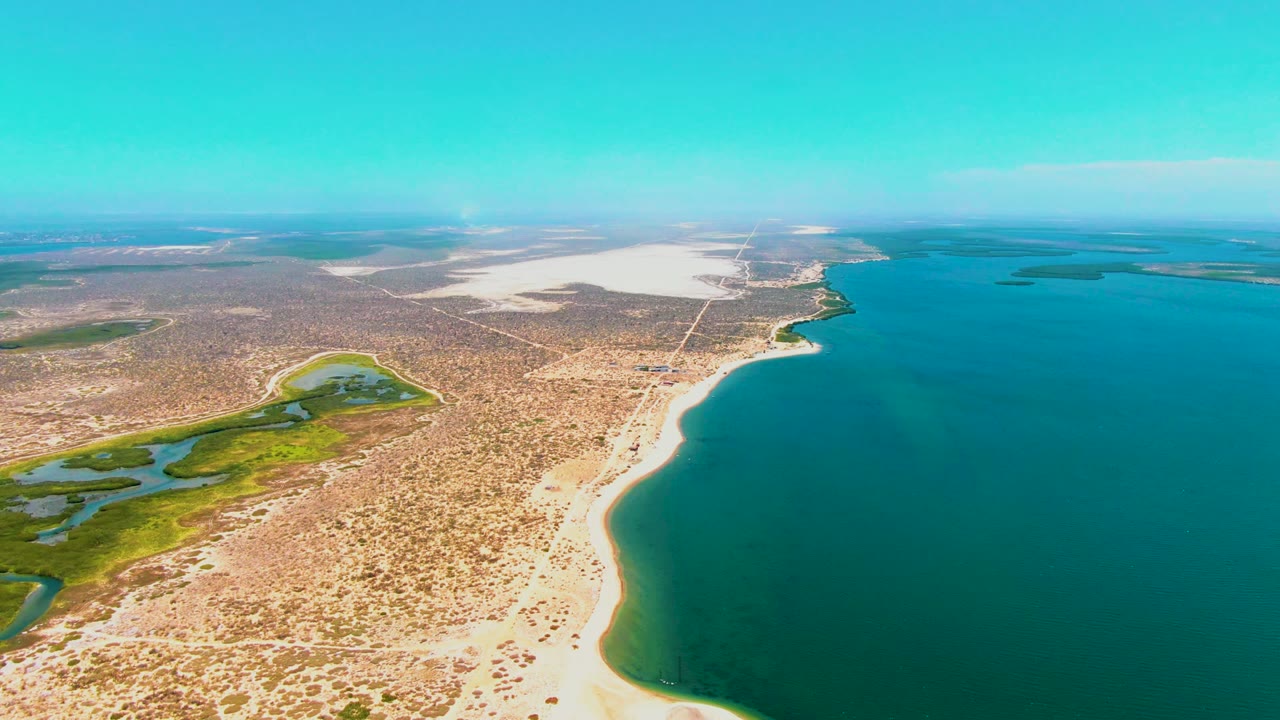 San Carlos, Baja California Sur appears from a high aerial angle, with open ocean filling the right side, a light sand beach below, wetland greens inland, pale flats in the distance, and no visible people.