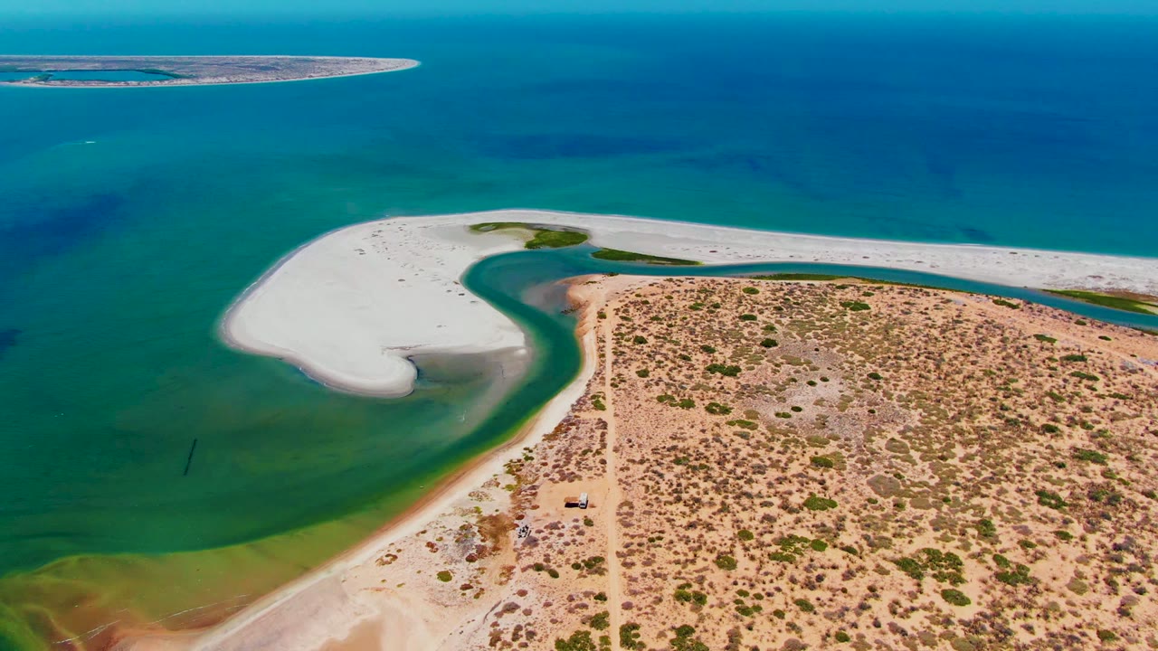 Curved sandbar and tidal shallows beside a sandy road and sparse desert vegetation.