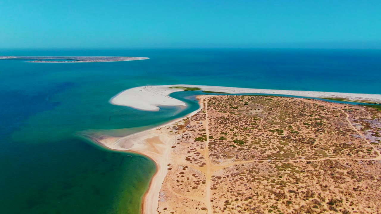 Wide aerial view in San Carlos, Baja California Sur, where a bright sandbar and turquoise inlet border dry brushland marked by dirt tracks, with no visible people.