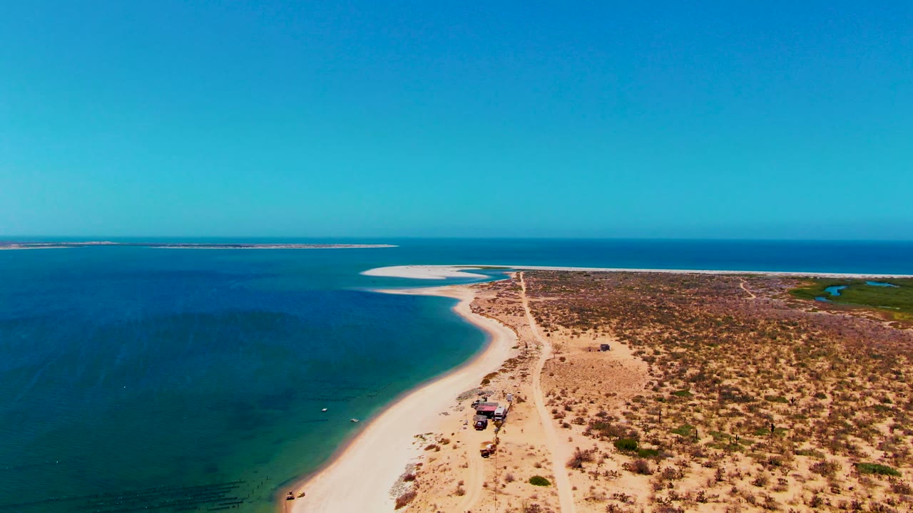 Wide aerial view of the San Carlos coast with a vehicle on the center road, darker blue water in the foreground, pale sand along the shoreline, dry scrubland to the right, and no visible people.