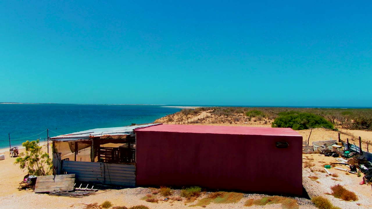 Red container and beach shelter with shoreline behind