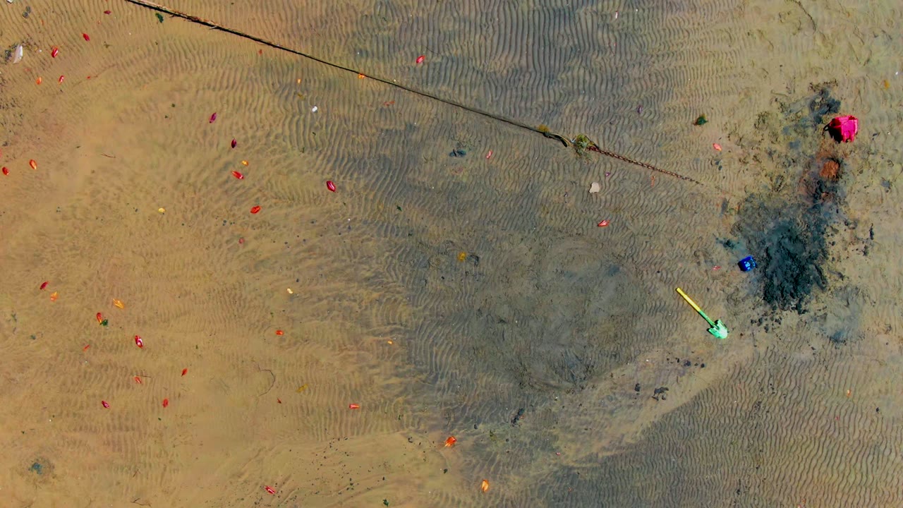 Overhead beach view with wet sand, dark water patches, and scattered colorful objects.