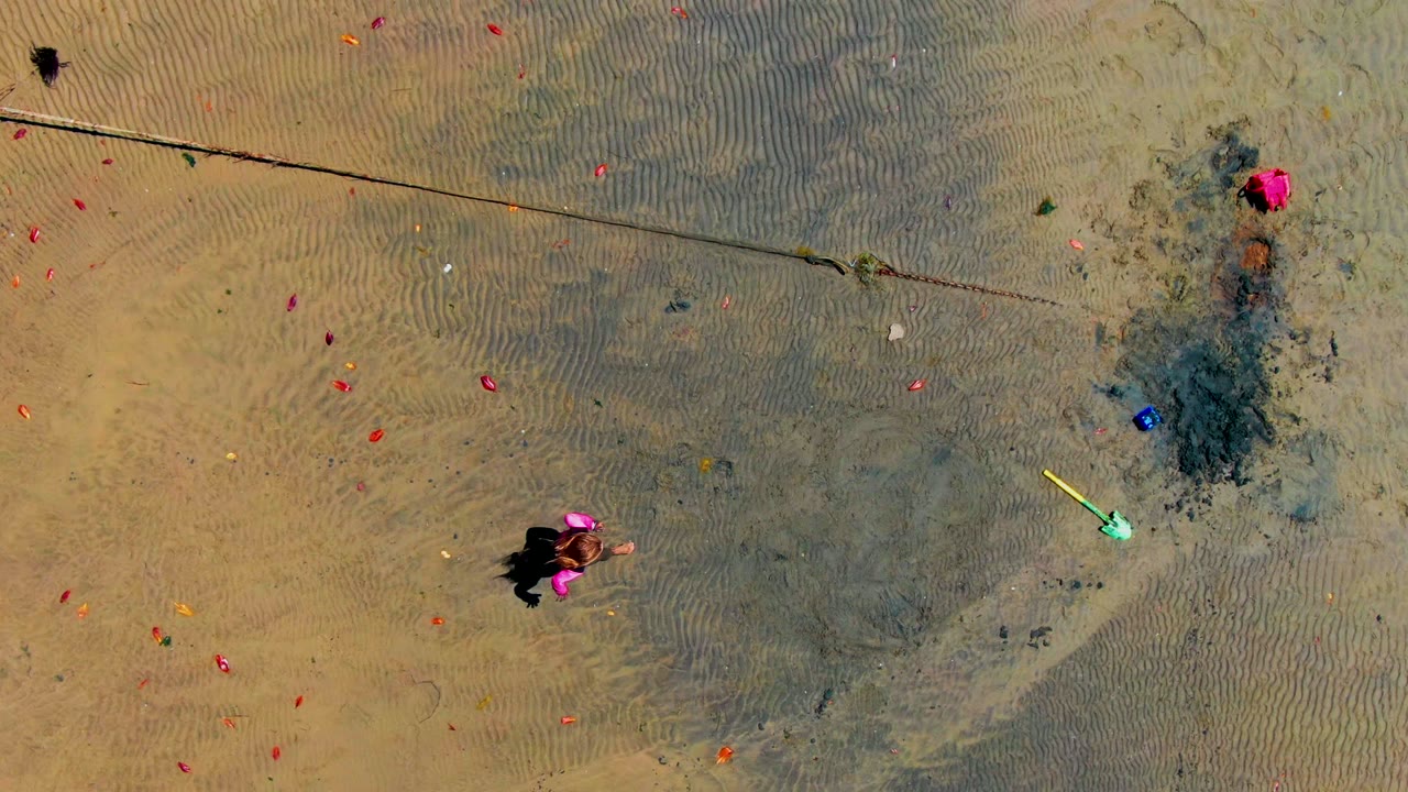 Person in pink appears near the lower left of an overhead wet beach frame.
