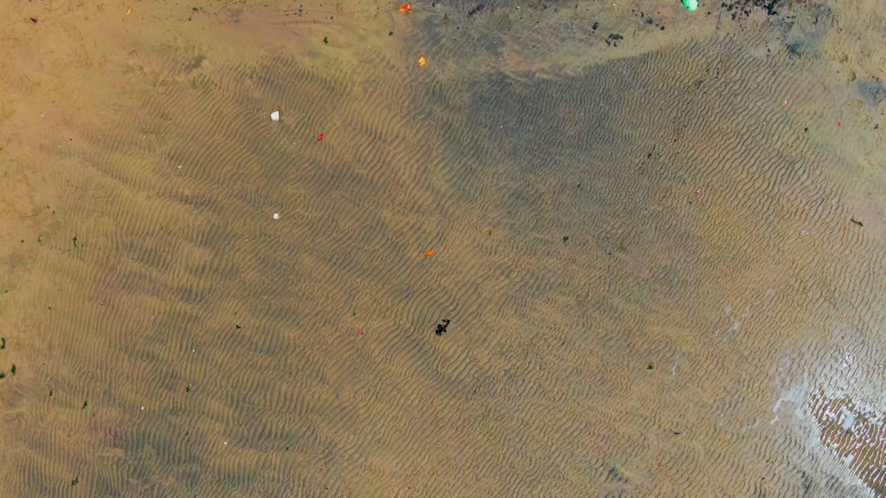 Rippled sand with small colored markers and a dark speck near center.