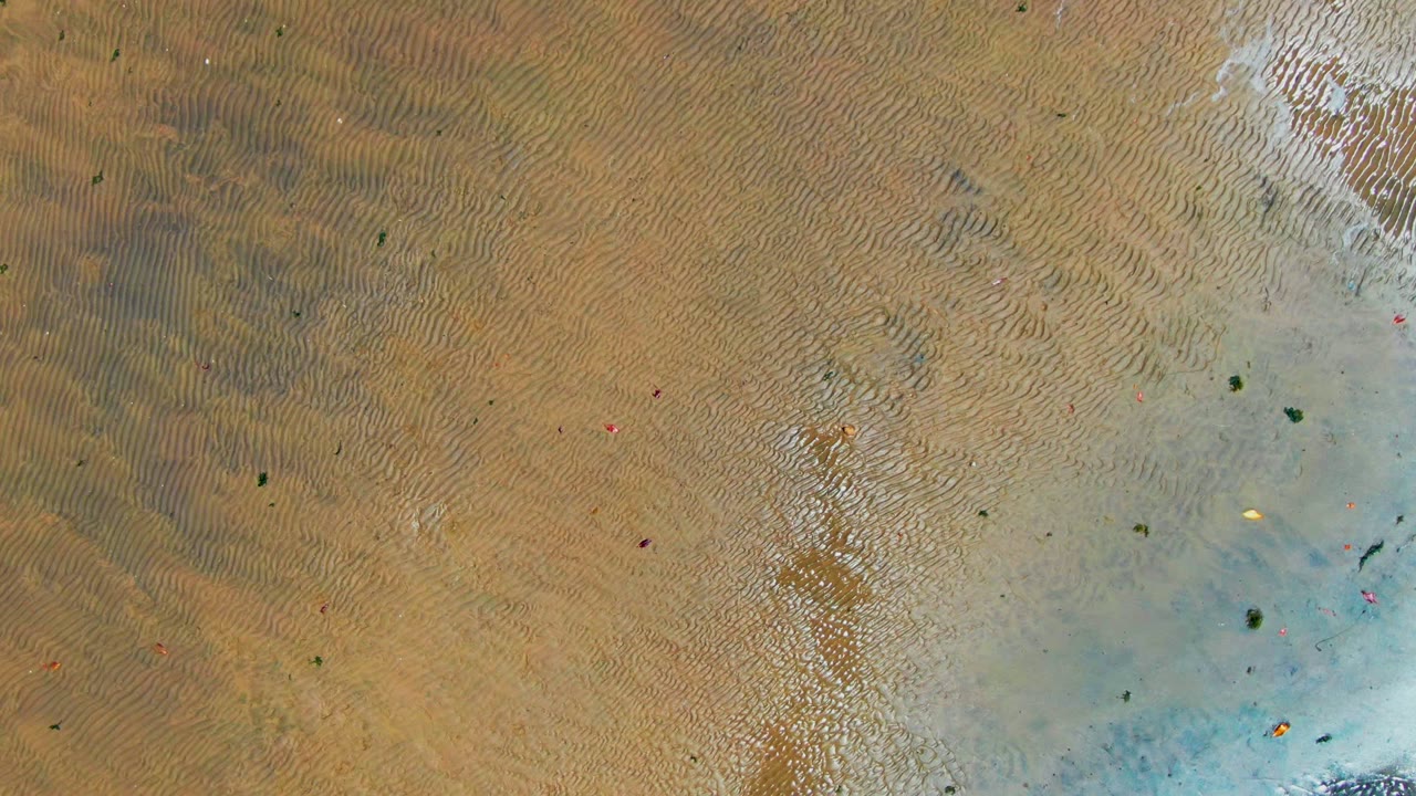 Overhead San Carlos beach view with rippled sand across most of the frame and shallow water pulling along the right edge, with no visible people.