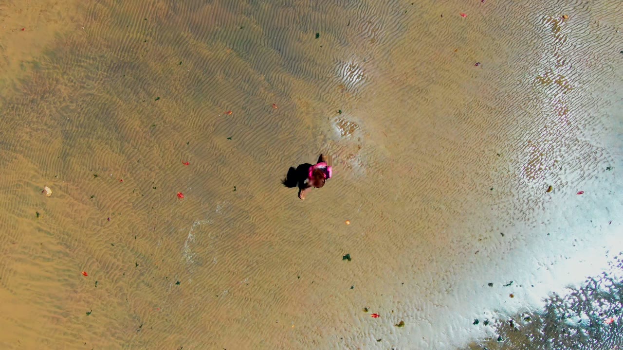 Overhead view in San Carlos, Baja California Sur of a person in bright pink near the upper center, casting a dark shadow on tan shallow water with small ripples.