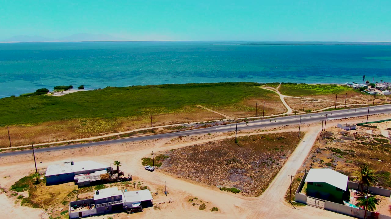 Aerial frame from San Carlos, Baja California Sur showing the road running across the midground, dirt access roads below, small structures at the lower edge, ocean beyond the green strip, and no visible people.