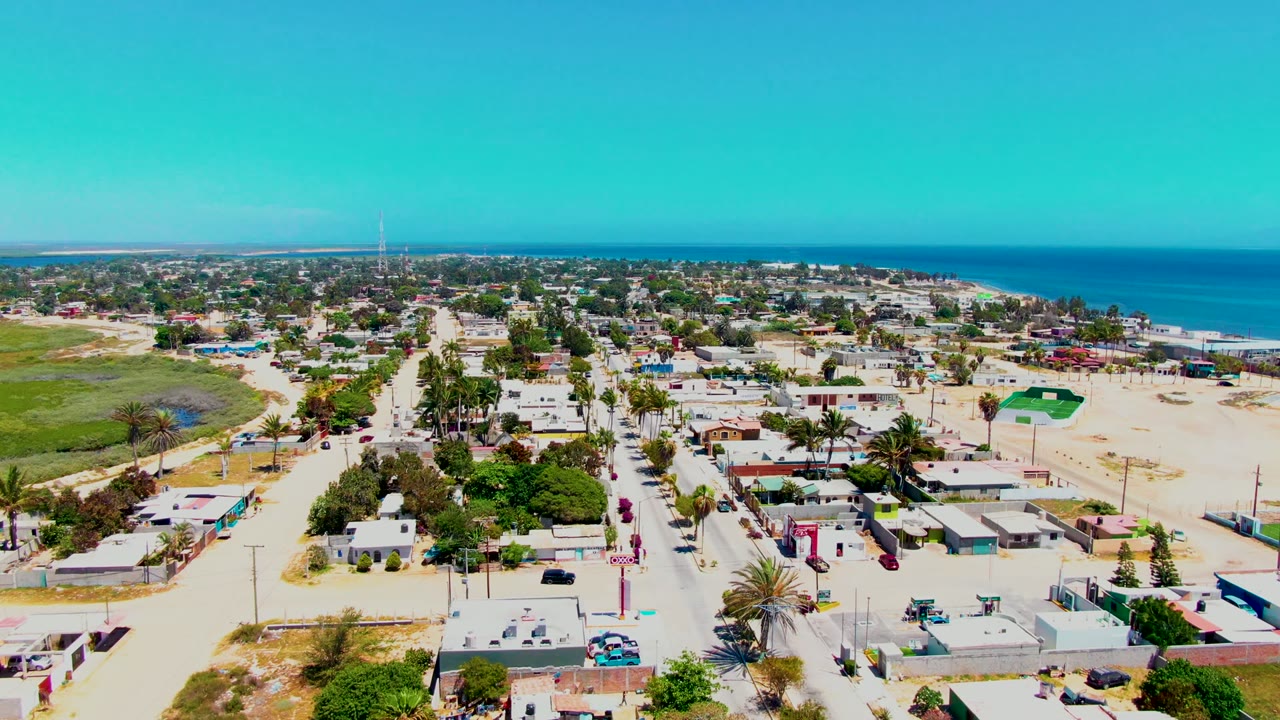 Drone-height view of houses, roads, palms, and coastline.