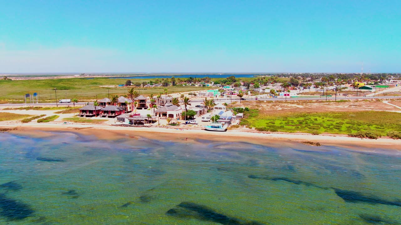 Aerial frame over San Carlos, Baja California Sur showing greenish-brown shallow water, a sandy beach, roadside buildings, grassy flats, and no visible people.
