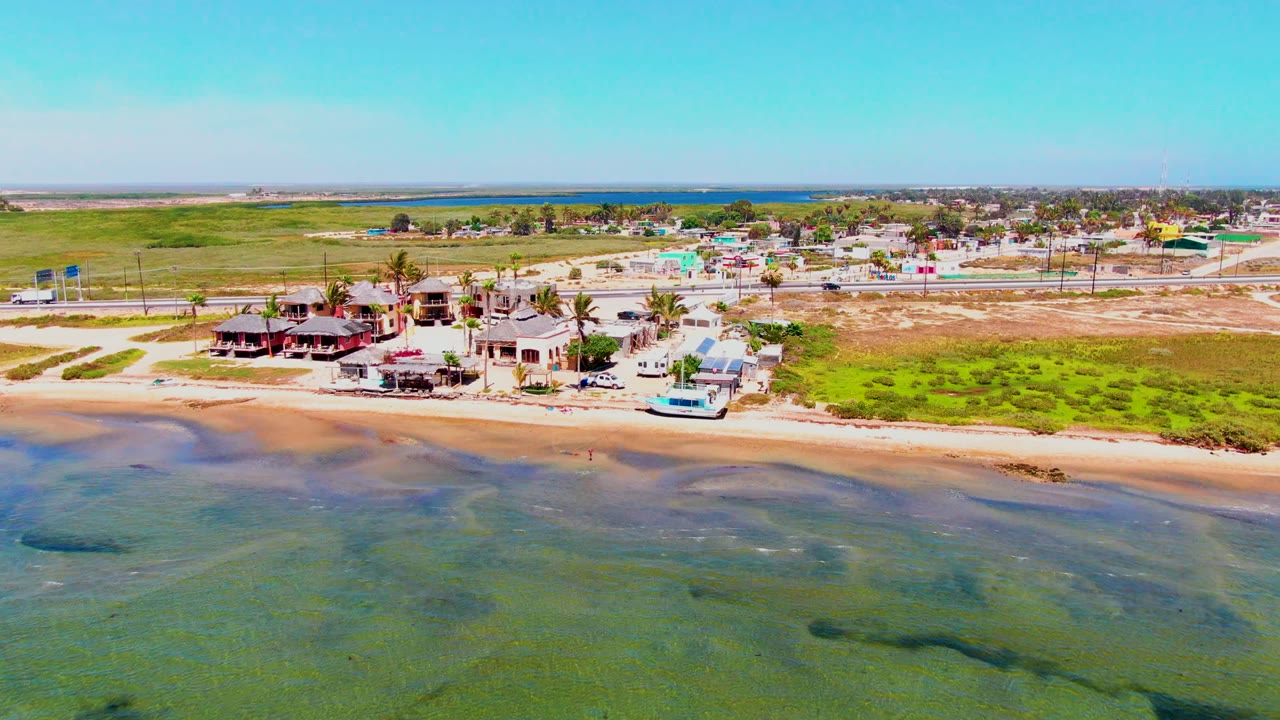 The frame shows the San Carlos beach from above with low homes or small buildings near palms, a road behind them, green-brown water in front, and no visible people.
