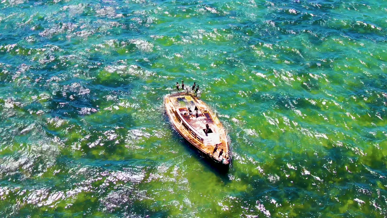 Overhead view in San Carlos, Baja California Sur of a small boat with people aboard on bright turquoise water with scattered white sun reflections.