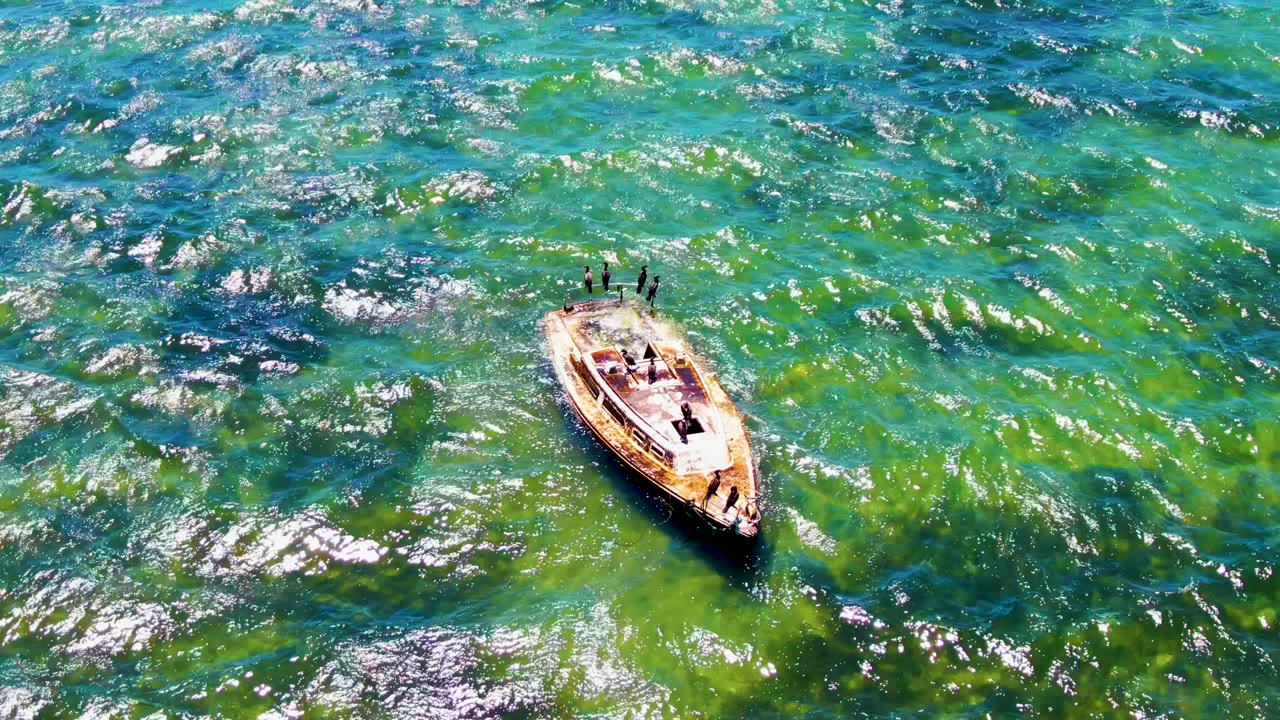 Boat drifting over blue-green water with bright ripples