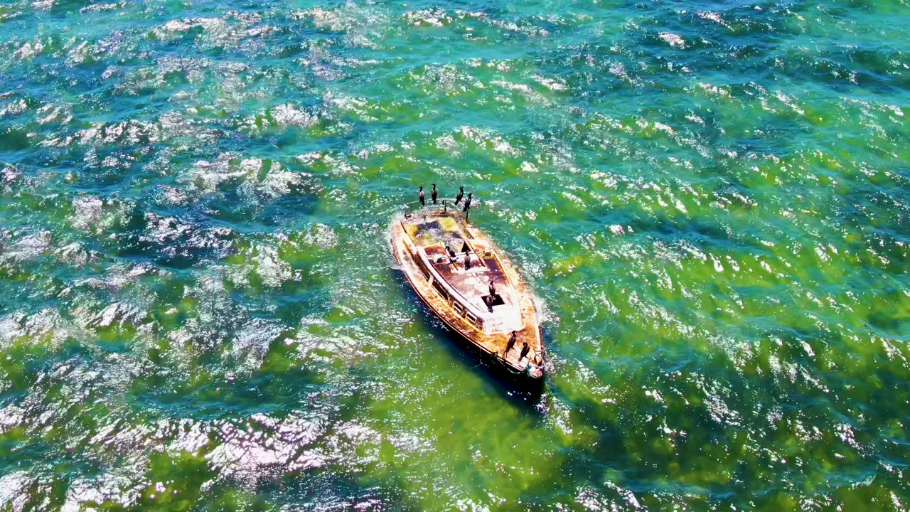 Overhead San Carlos view of a small boat with visible people surrounded by green-turquoise water, broken white reflections, and darker wave patterns.