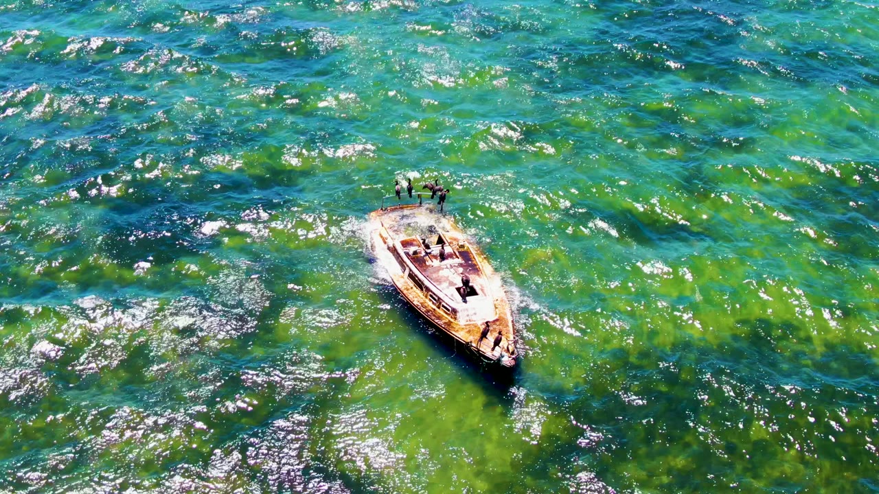 Motorboat surrounded by green and blue rippled water.