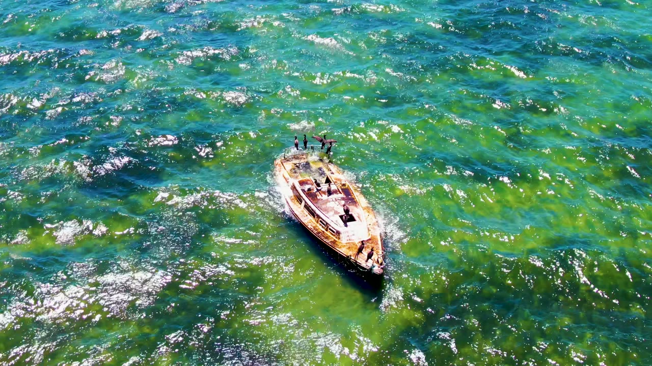 The small motorboat appears against a broad field of clear green and turquoise ocean, with people visible on deck and brighter wave sparkle to the right.