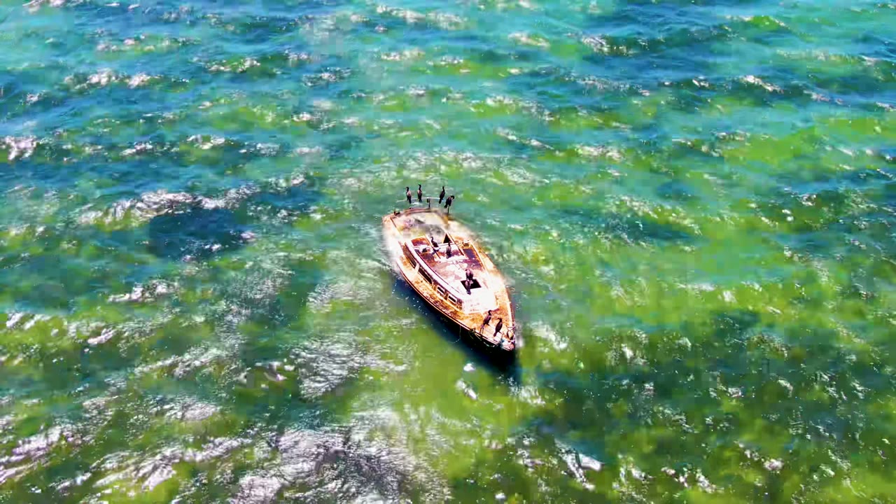 Overhead view of a small boat with visible people crossing clear green and blue ocean water in San Carlos, Baja California Sur.