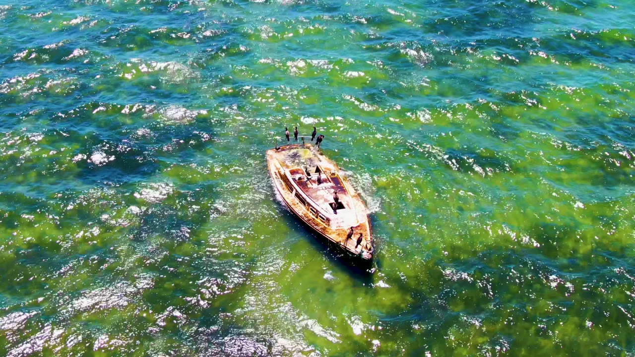 Overhead view of the boat crossing sunlit green and blue water, with visible people and bright surface reflections in San Carlos, Baja California Sur.