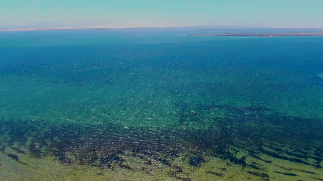 At 0:02, transparent shallows in San Carlos reveal dark seabed streaks beneath turquoise water, with a narrow distant island band and no visible people.