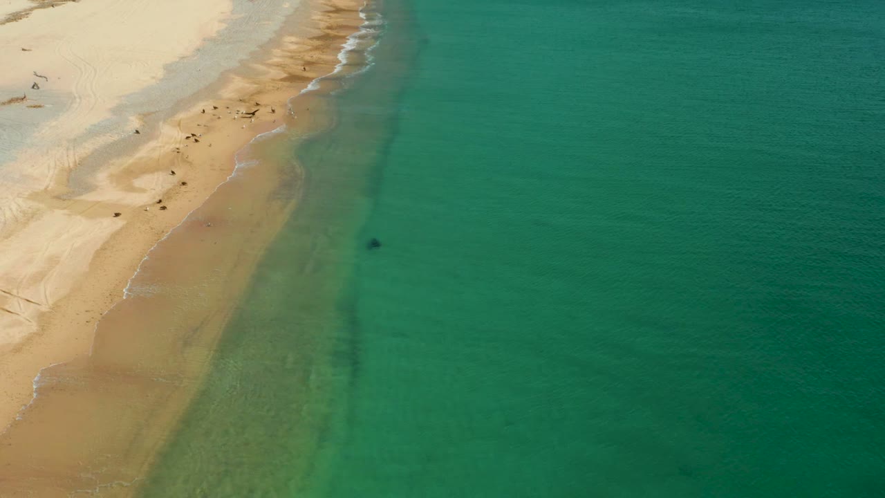 Diagonal beach shoreline with clear green-blue water and people clustered on the sand.