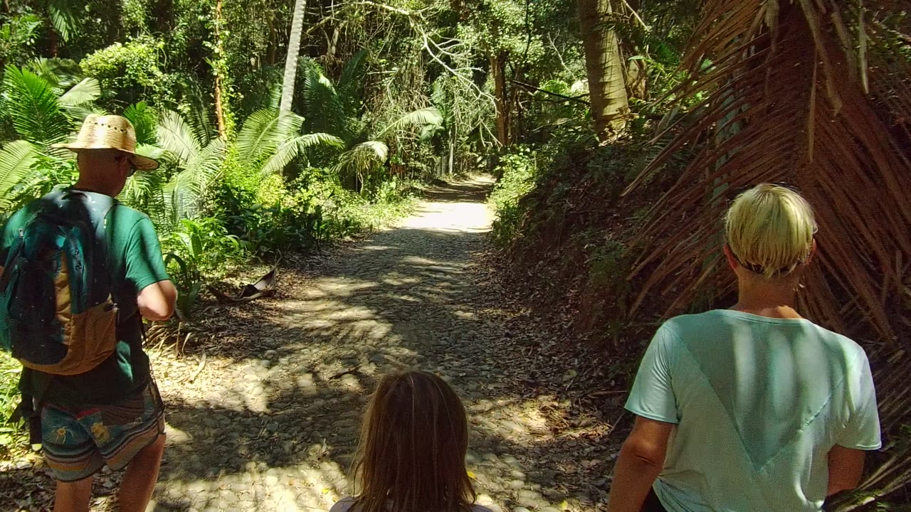 In San Pancho, Mexico, a man in a straw hat and backpack walks ahead while a woman and child follow on a shaded dirt trail through dense green foliage.