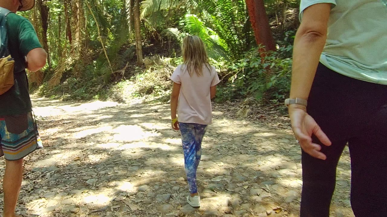 At 0:00, a child walks ahead on a dirt forest trail in San Pancho, Nayarit, Mexico, with adults partly visible at both edges and dappled sunlight across the path.