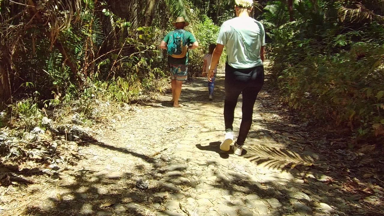 The group continues farther down the San Pancho forest trail, with one adult in a straw hat ahead and another adult following in the right foreground.
