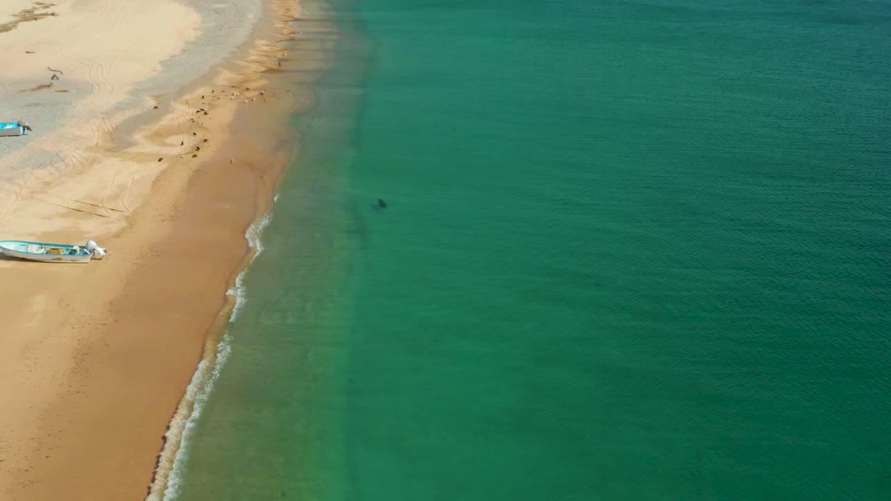 Diagonal beach shoreline with shallow green water and a small boat along the sand.