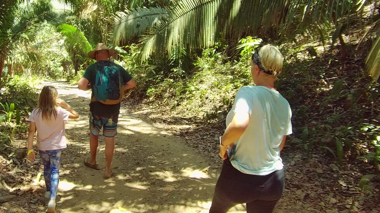 A man in a hat, a child, and a woman walk away along a shaded dirt trail in San Pancho, Nayarit, with palm fronds and dense green plants around the path.