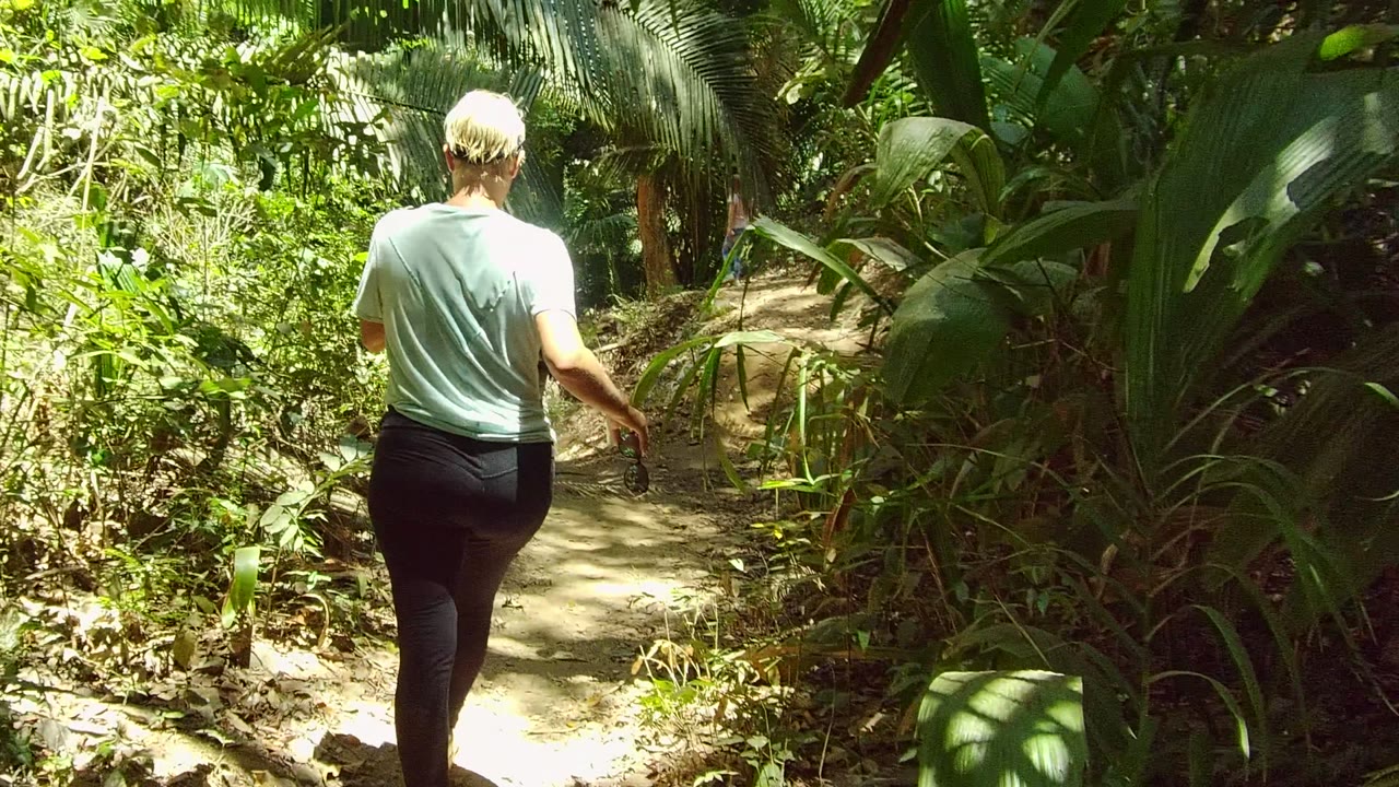 A person walks away on a shaded dirt trail in San Pancho, Nayarit, Mexico, with dense green plants and palm leaves crowding both sides of the path.