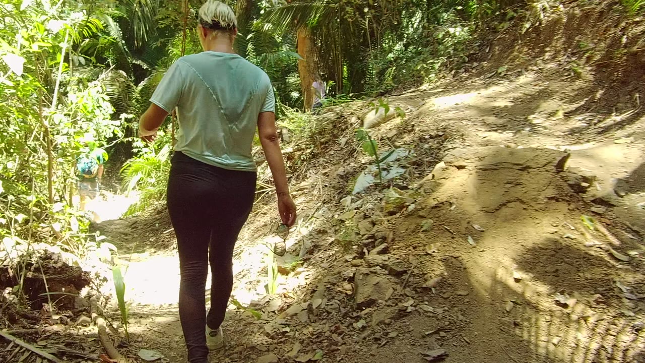 A person walks away from the camera on a narrow dirt trail through forest vegetation in San Pancho, Nayarit, Mexico, with bright sunlight hitting the path ahead.