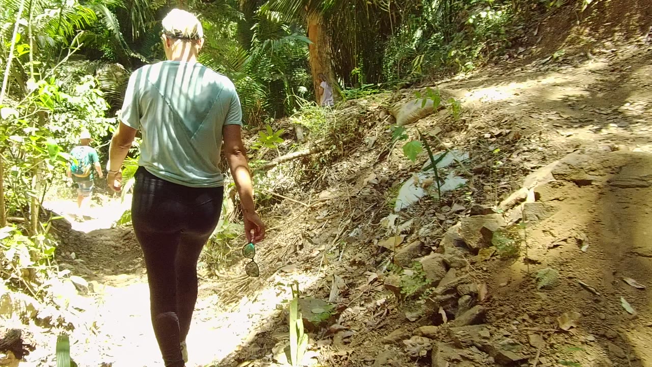 Person on forest trail holding sunglasses