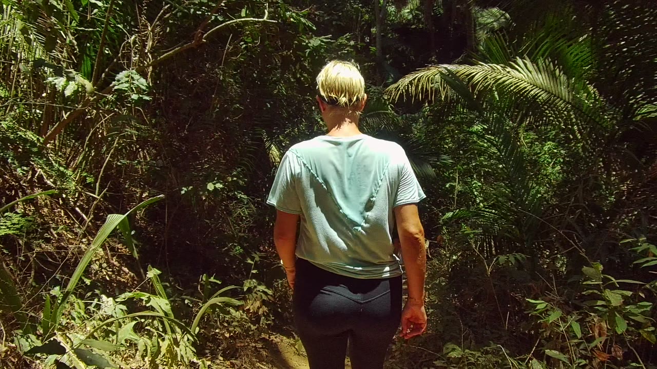 A person with short blonde hair walks away from the camera on a narrow forest trail in San Pancho, Nayarit, Mexico, with leafy plants close to both sides of the path.