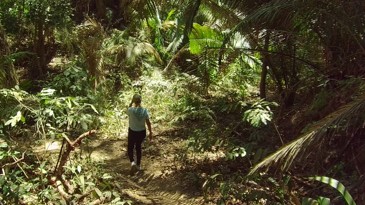 A rear view of the walker shows them slightly deeper on the dirt path in San Pancho, Mexico, beside a bright sunlit patch of thick foliage.