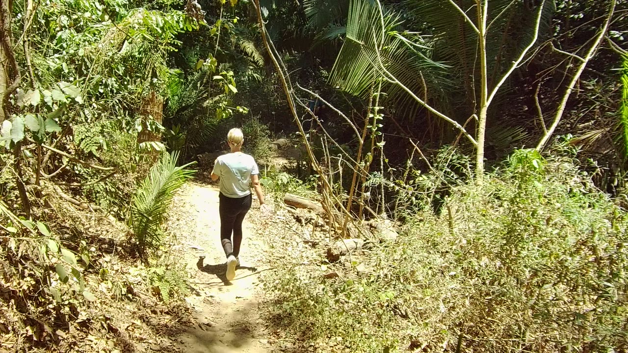 A person walks away along a narrow dirt trail in San Pancho, Nayarit, Mexico, with bright sunlight on the path and dense green foliage on both sides.