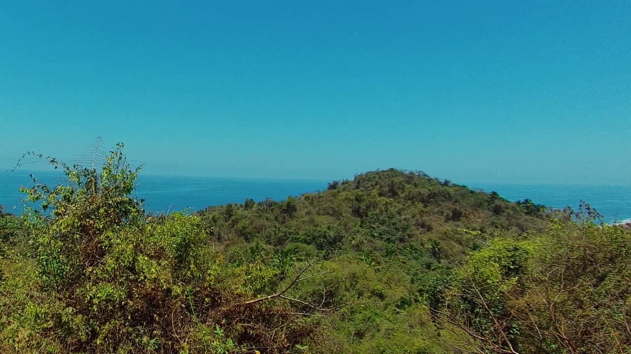 A San Pancho, Nayarit hillside covered in green brush sits below a blue ocean horizon and clear sky, with no visible people.