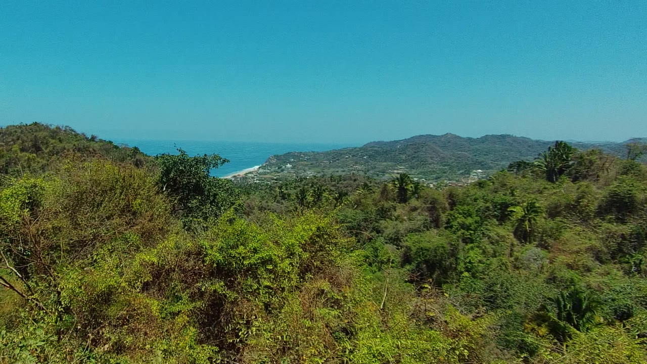 A wooded rise fills the center of the San Pancho, Nayarit frame while the pale shoreline and blue ocean remain visible in the left background, with no visible people.