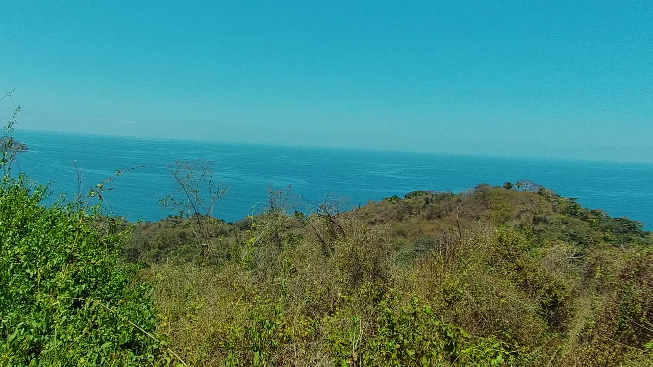 Middle frame from the San Pancho, Nayarit overlook, showing tangled green and brown vegetation, the rounded hill below, blue ocean, and no visible people.