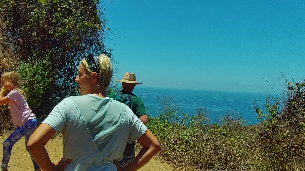 Hikers and a child pause near brush with the ocean behind them.
