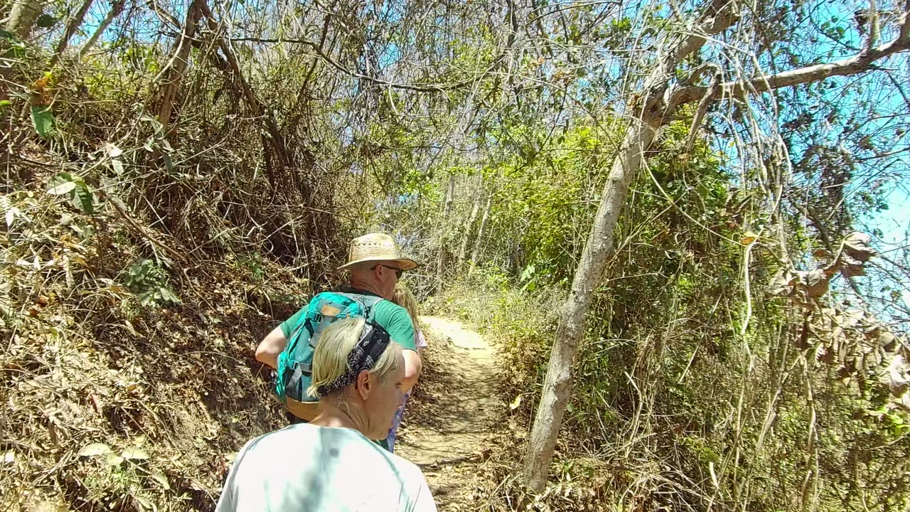 Hikers in San Pancho, Mexico walk away from the camera on a narrow dirt trail bordered by dry branches and green vegetation.